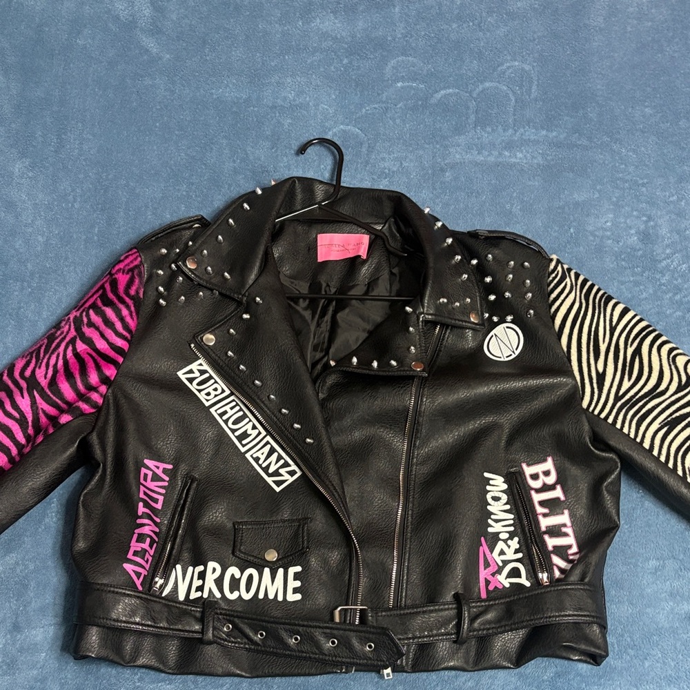 Azalea Wang Black Studded Leather Jacket with Pink and Zebra Sleeves